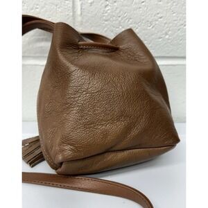SHAFFER Los Angeles Greta Brown Leather Mini Bucket Crossbody Bag with Tassels